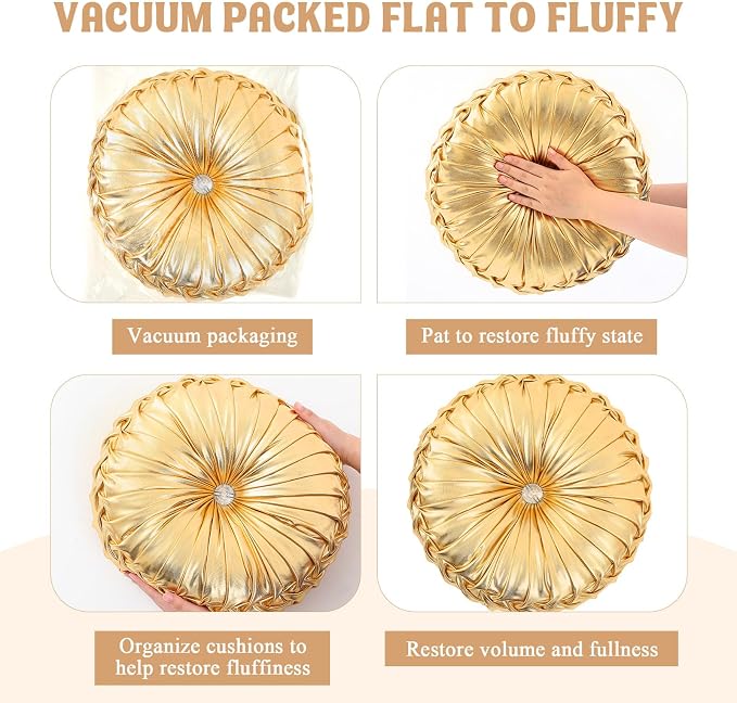 Drydiet 2 Pcs Round Throw Velvet Pillows Decorative Pleated Throw Pillows Diameter Accent Pumpkin Boho Chair Cushion for Couch Sofa Home Decoration (Gold,15'')