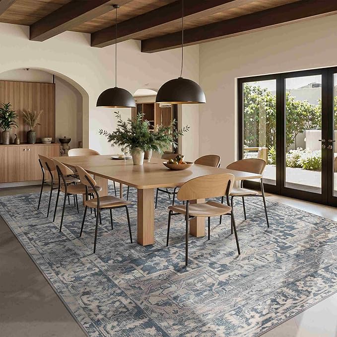 Rugxara 9x12 Area Rugs for Living Room Bedroom, Large Washable Rug, Blue Vintage Retro Boho Rug, Non Slip & Low Pile Faux Wool Thin Carpet for Indoor Dining Room and Kids Room(Blue 9x12ft)