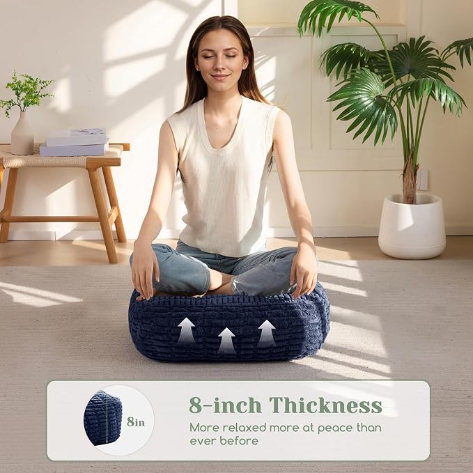HIGOGOGO 8" Floor Pillow Cushion for Adults, Meditation Cushion Pillow, Blended Corduroy Cover, Large Square Floor Sitting for Tatami Living Room or Yoga, 22x22 Inch, Navy