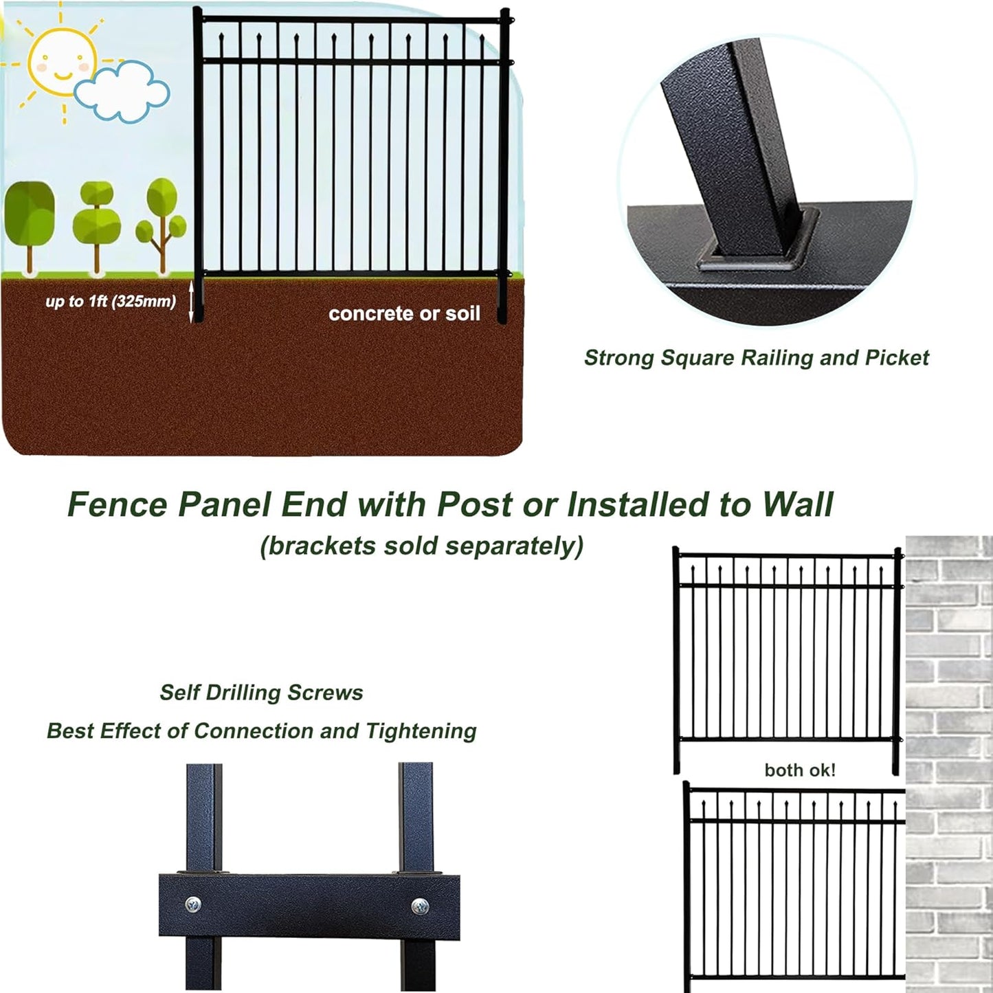 Galvanized Steel Fence Panel, 6ft H x 6.5ft W, Decorative DIY Installation for Outdoor Garden, Wrought Iron Style, Black