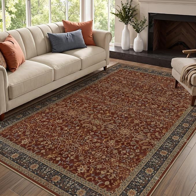 5x7 Area Rugs, Vintage Old Money Aesthetic Maximalist Print Rugs for Living Room Bedroom, Washable Non Slip Ultra Thin Carpet Rug for Dining Room Home Office, Deep Burnt Orange
