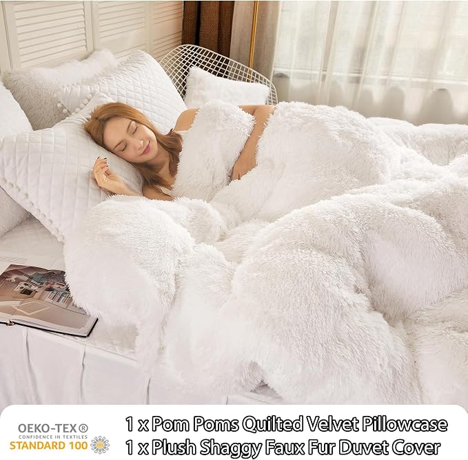 LIFEREVO Luxury Plush Shaggy Duvet Cover Set, Soft Fluffy Furry Duvet Cover Set(1 Faux Fur Fuzzy Comforter Cover + 1 Pom Poms Velvet Pillow Case) Solid Bedding Set, Zipper Closure(Twin/Twin XL,White)