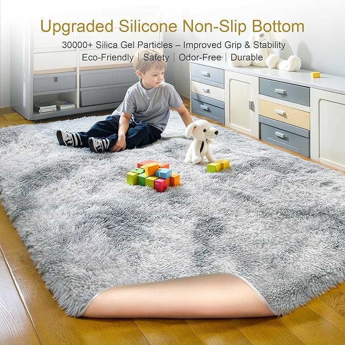KICHOWUA Thick Area Rug 5x7 Light Grey Fluffy Shag for Bedroom, Ultra Soft Plush Fuzzy Washable Thickened Non Slip Carpet, Cozy Furry Shaggy Rug for Living Room Kids Nursery Dorm Room, Tie-Dye Gray