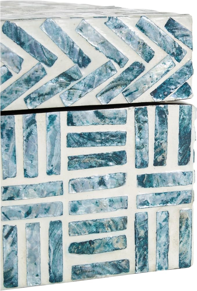 Deco 79 Mother of Pearl Shell Geometric Handmade Decorative Box Mosaic Storage Decorative Keepsake Box with Cream Underlay, Set of 2 Storage Box 12", 8"W, Blue