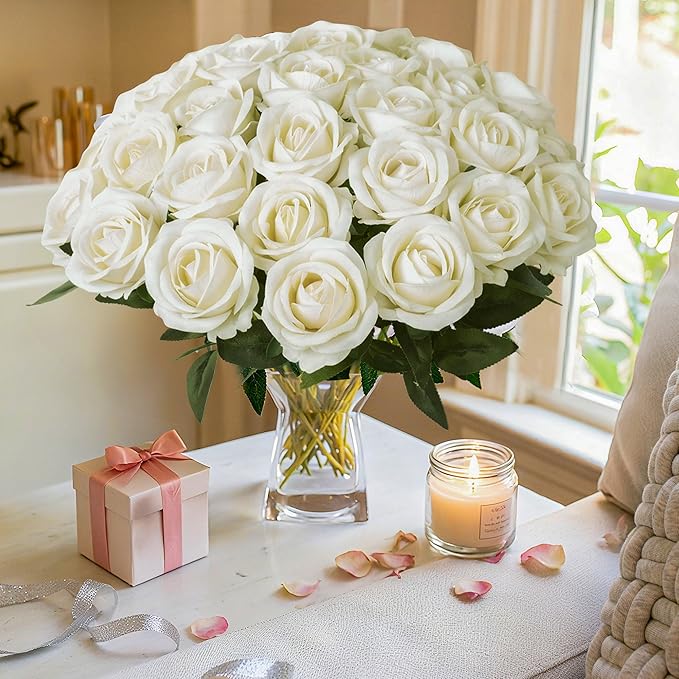 50 PCS Ivory Roses Artificial Flowers, Fake Roses with Stem Realistic Silk Roses for DIY Wedding Bouquets Tables Centerpieces Arrangements Baby Shower Birthday Home Decor Valentine's Day Gift for Her