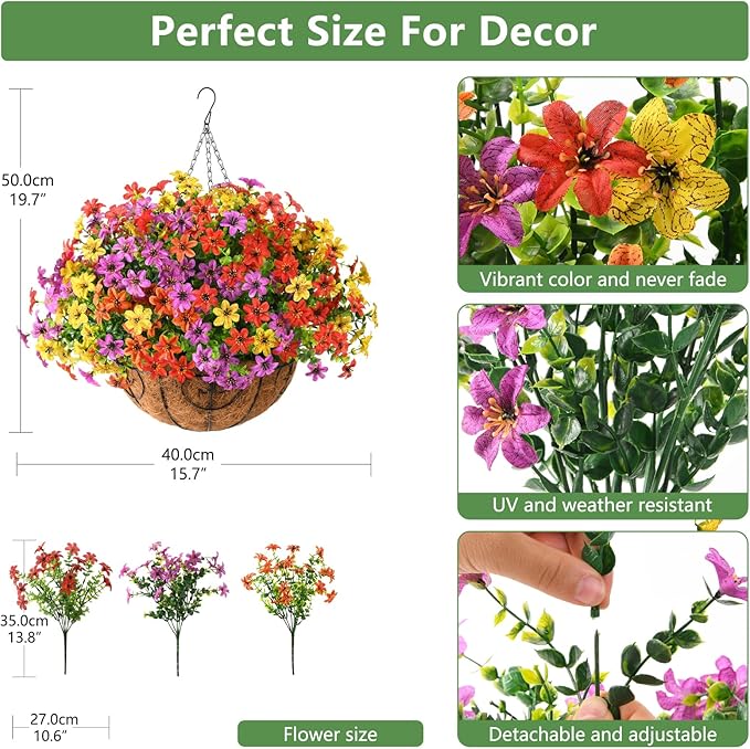 Artificial Flowers Fake Hanging Basket for Outdoor Spring Summer Decoration, 12 Bundles Faux Hanging Plants UV Resistant, Realistic Silk Flower for Outside Planters Porch Patio Balcony Yard Garden