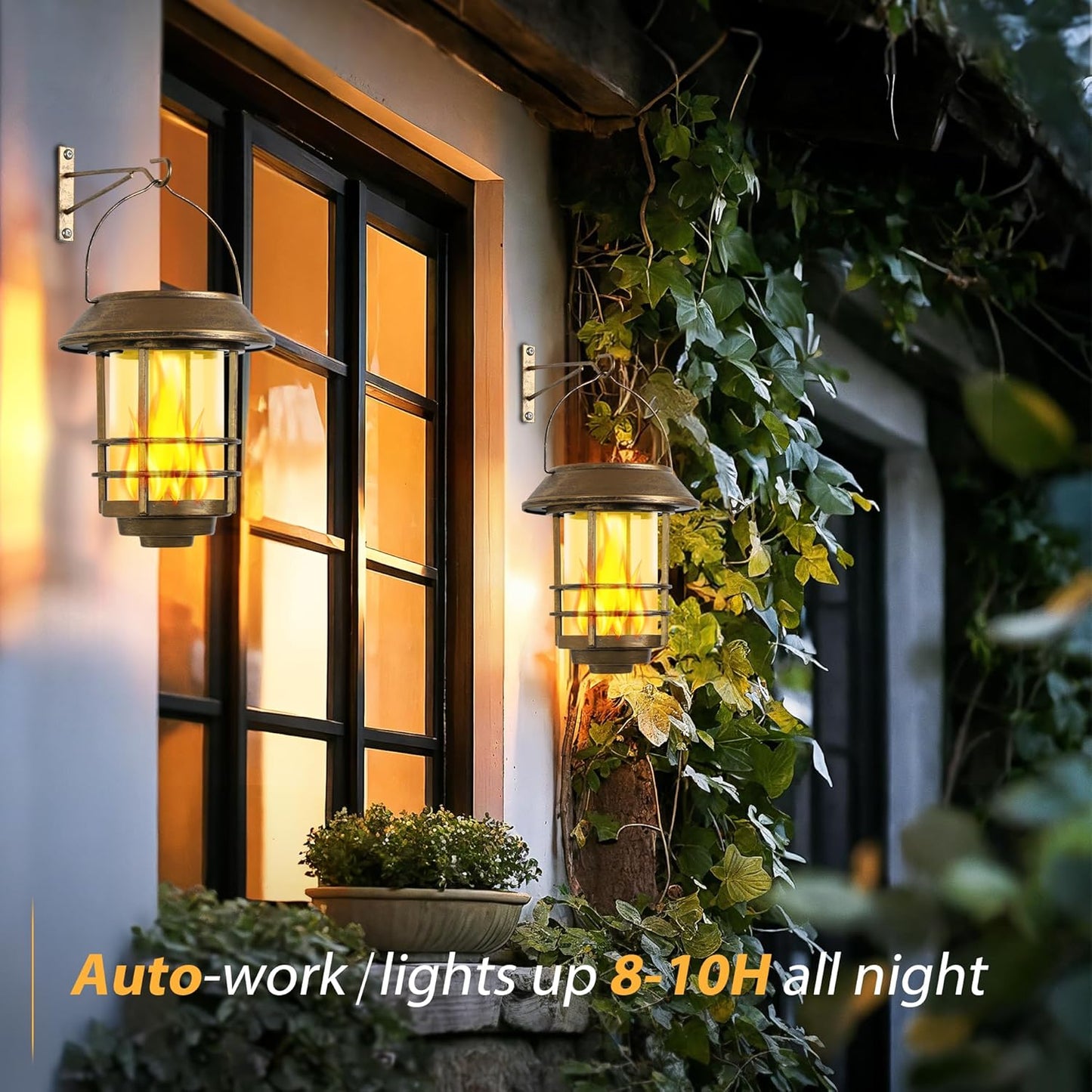 Otdair Solar Wall Lantern Outdoor, Flickering Flames Solar Sconce Lights Outdoor, Hanging Lamps Wall Mount for Front Porch, Patio and Yard, 2 Pack, Yellow Bronze