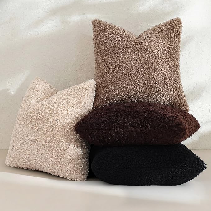decorUhome Pack of 2 Throw Pillow Covers 18x18 Inch, Faux Fur Decorative Sherpa Pillow Covers Fuzzy Accent Soft Sheepskin Fleece Pillow Cases for Couch Living Room Bed, Black
