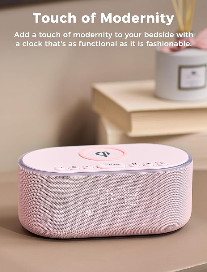 Odokee Wireless Charging Alarm Clock Radio: Qi Certified Fast Wireless Charger for iPhone Samsung - 10W Stereo Bluetooth Speaker - Dimmable Digital Clock with FM Radio for Bedroom Pink