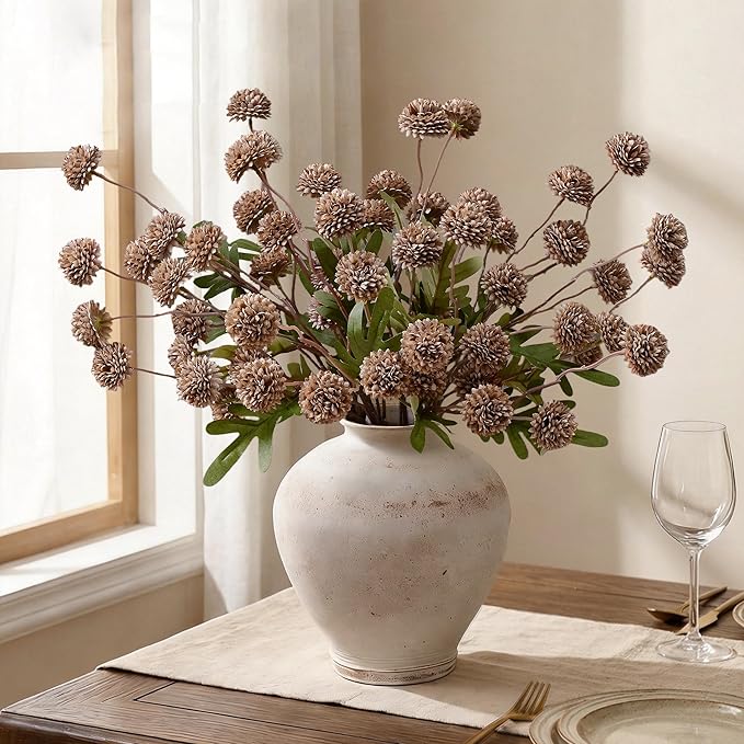 Waipfaru 10pcs Fake Silk Pompon Mum Artificial Flowers, Bulk Faux Mini Chrysanthemums, for Centerpieces Wedding Fillers Champagne Arrangements, No vase, Brown