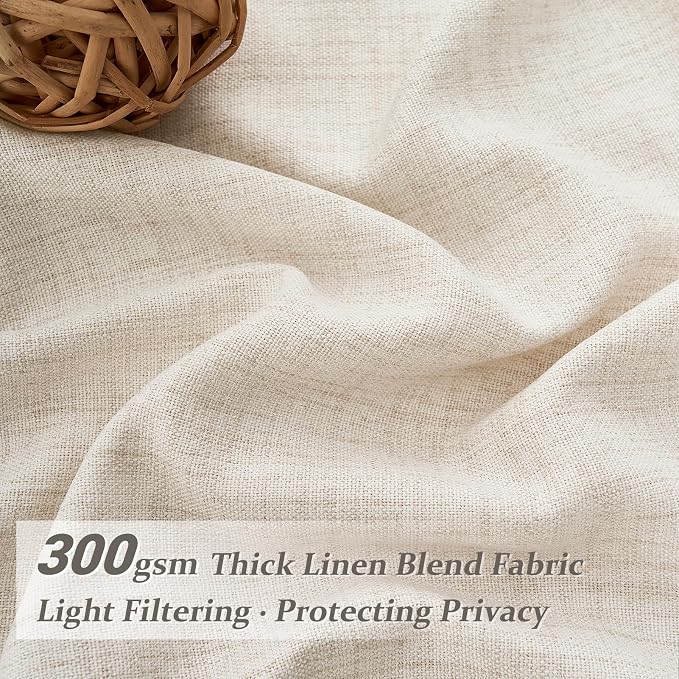 PleatedDrapes Semi Sheer Curtains 90 Inches Long for Bedroom Light Filtering Beige Birch Textured Linen Blend Pleat Curtains 7-1/2 ft Length Hooks Rings&Back Tab for Sliding Glass Doors 2 Panels Set