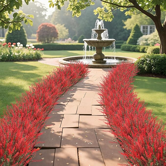Ouddy Decor 24 Bundles Artificial Lavender Fake Flowers Faux Plastic Plants for Home Wedding Kitchen Garden Patio Window Box Office Table Centerpieces Indoor Outdoor Decor, Red