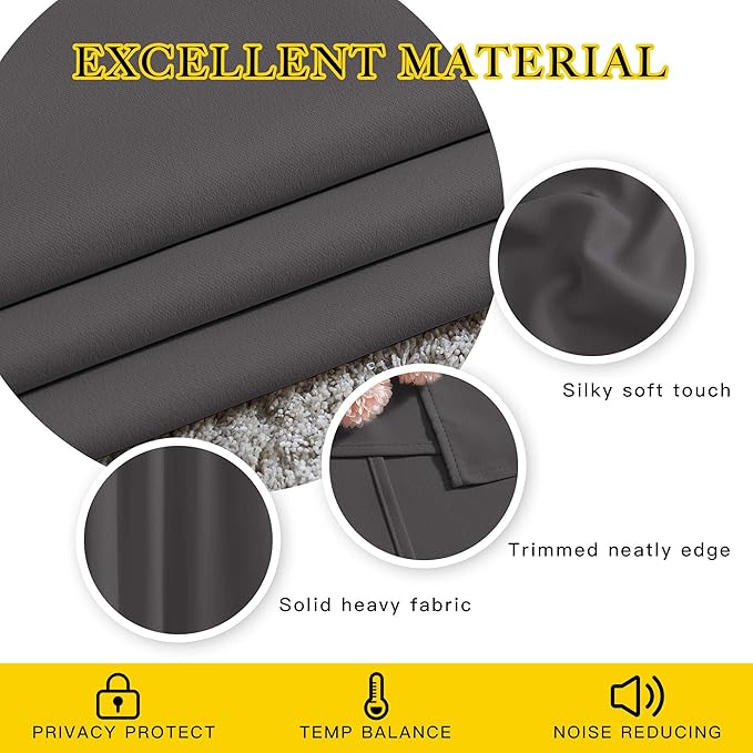 NICETOWN Blackout 72 inch Curtains for Kids Room, Grommet Room Darkening Thermal Insulated Solid Window Treatments Sound Reducing for Bedroom, 2 Panels, W37 x L72, Grey