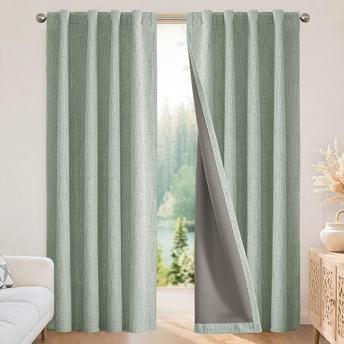 Joydeco Blackout Curtains for Bedroom - 100% Light Blocking 2 Panels Sage Green Drapes 37"W x 108"L, Thermal Insulated Room Darkening Curtains, Linen Textured for Living Room, Rod Pocket & Back Tabs