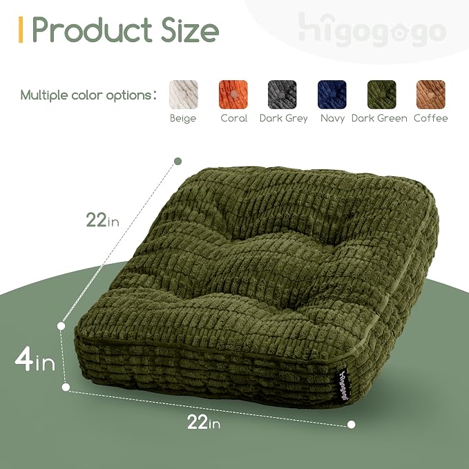 HIGOGOGO Floor Pillow Cushion for Adults, Meditation Cushion Pillow, Blended Corduroy Cover, Large Square Floor Sitting for Tatami Living Room or Yoga, 2Pack, Dark Green