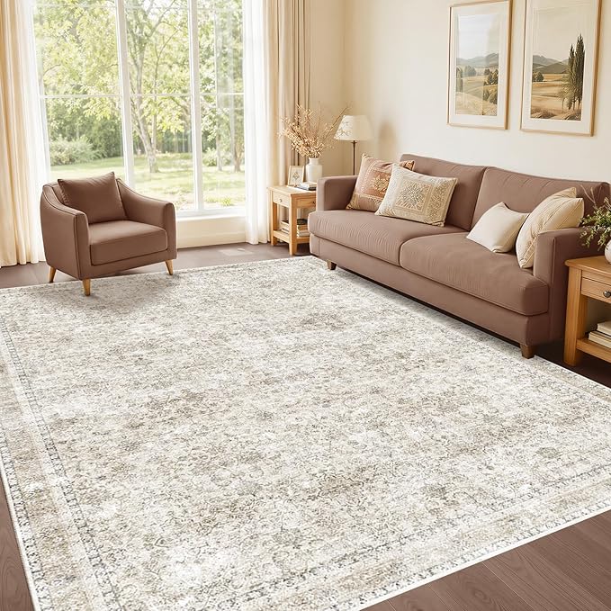 Sasttie 4x6 Area Rug, Ultra-Soft Washable Rug, Low Pile Foldable Thin Carpets with Non-Slip Backing, Skin-Friendly Stain Resistant Carpet for Living Room, Bedroom, Kitchen, Dorm, 4x6, Beige