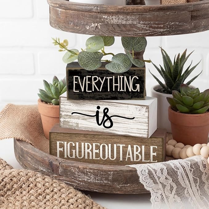 Lineshading 4 Pcs Inspirational Farmhouse Table Decor Everything Is Figureoutable Stacked Wooden Block Signs with Inspirational Quote Eucalyptus Leaves for Home, Living Room, Shelf Housewarming Gift