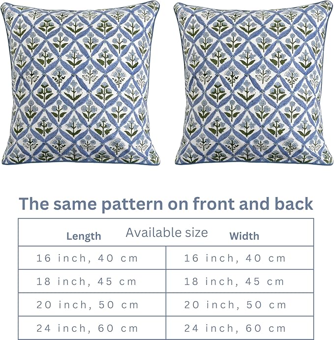 Ridhi Block Print Light Steel Blue Pillow Cover 24" x 24" (Pack of 2) Decorative Couch Pillows for Living Room, Chic Boho Cute Outdoor Pillows Covers Gifts for Spring, Easter and Valentine
