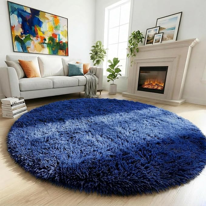 Navy Blue Round Rugs 5Ft for Boys Bedroom, Fluffy Circle Area Rug for Kids, Living Room Decor Aesthetic, Shag Fur Throw Royal Dark Blue Carpet for Baby Nursery, Shaggy Thick Fuzzy Floor Carpets
