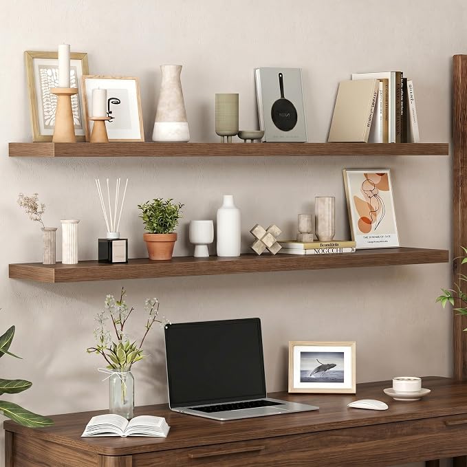 Heimlove 9.3" Deep Floating Shelves for Wall,Long Floating Shelf Set of 2,Wall Mounted Shelves for Bathroom Bedroom Living Room Kitchen Office,Books Storage Room (55" Wx9.3 Dx1.5 H,Set of 2, Walnut