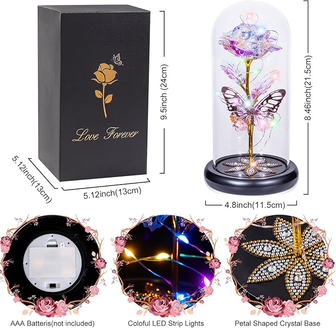 Mothers Day Flowers Gifts for Mom Women Birthday Gift, Galaxy Glass Rose Forever Eternal Crystal Rose in Glass Dome with Butterfly Mother's Day Roses Gifts for Mom Daughter Wife Women Grandma Colorful