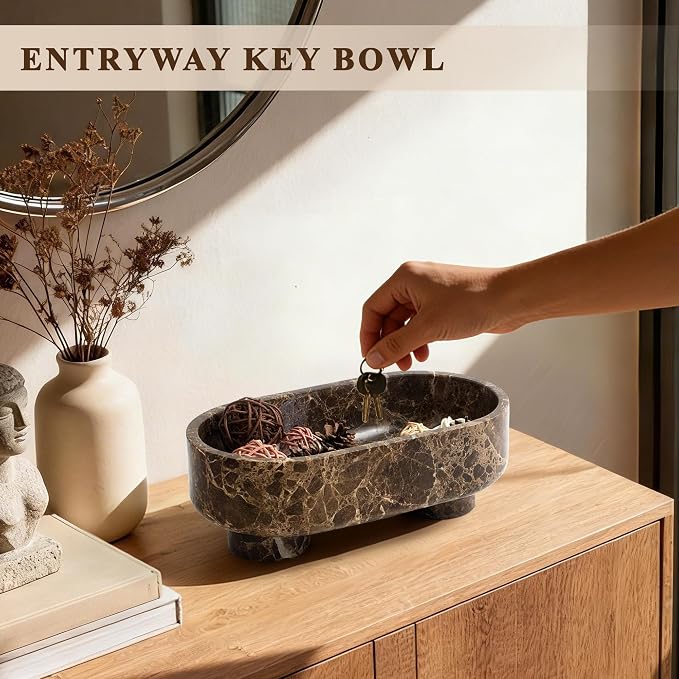 Natural Oval Marble Fruit Bowl, Two-Legged Decorative Bowl Dark Brown | 10" Large Handcrafted Marble Catchall Bowl for Home Decor. Fruit Basket Bowl, Entryway Bowl, Pedestal Bowl for Dining Table