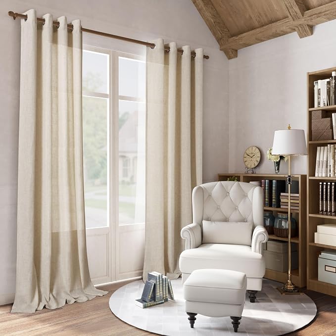 Beige Tan Linen Curtains 84 Inch Length 2 Panel for Bedroom Grommet Burlap Flax Linen Drape Semi Sheer Light Filtering Privacy Neutral Rustic Farmhouse Window Curtain 84 Inches Long for Living Room