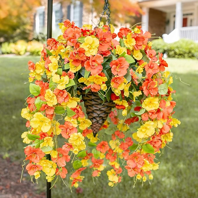 HyeFlora Artificial Fake Hanging Flowers Plants Baskets for Outdoor Decoration, 5Pcs Faux Silk Hibiscus Long Vines in Planter Look Real for Outside Home Porch Patio Garden (YellowOrange)