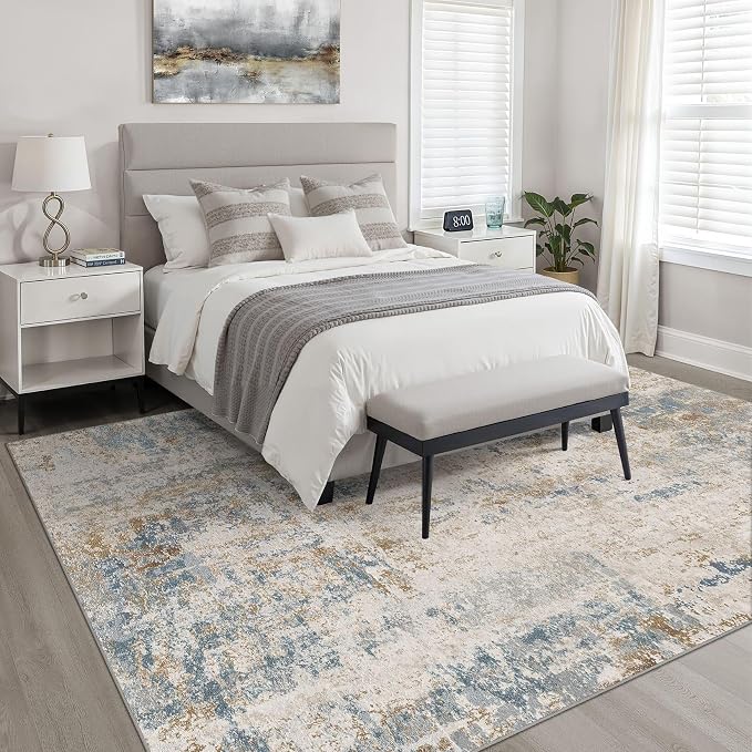 9x12 Area Rug Living Room: Washable Large Neutral Rug Abstract Soft Modern Stain Resistant Indoor Floor Non-Slip Carpet for Bedroom Nursery Kids Office Playroom Dining Room Under Table- Blue Brown