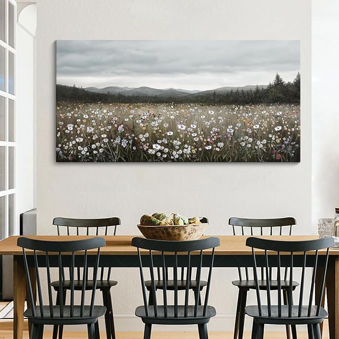 HGUAOA Vintage Landscape Wall Art for Bedroom and Living Room - Large Floral Artworks Farmhouse Wall Decor - Framed Neutral Nature Pictures - Above Bed Decor with Mountain Scenery 24×48IN