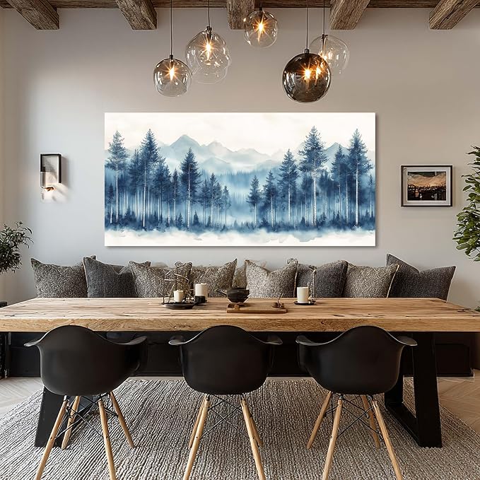 Ggaafet Watercolor Blue Forest Wall Art for Living Room Canvas Painting Prints Beautiful Mountain Woods Landscape Art Deco Nature Artwork Office Bedroom Family Dining Room Decor Extra Large