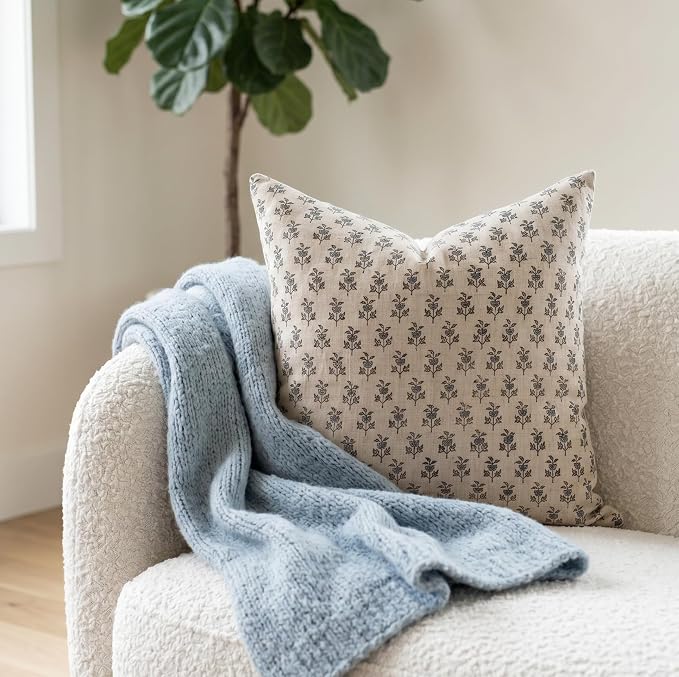 Linen Throw Pillow Covers 20x20 inch Soft sage and Blue Decorative Pillow Covers for Living Room, Bedroom