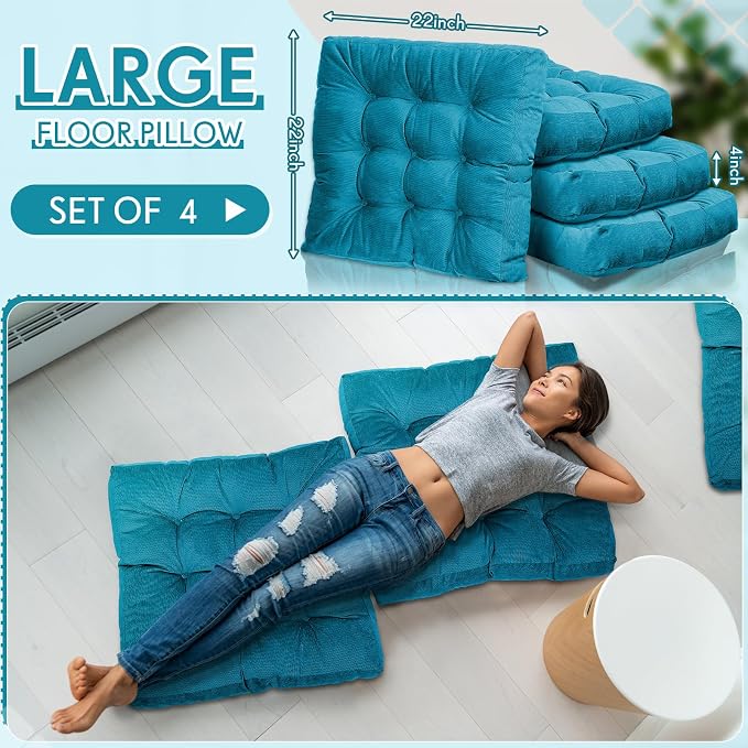 Jerify 4 Pcs Floor Pillow Cushions Large Round Square Large Meditation Floor Pillow for Classroom Adult Meditation Picnic Party Seating Learning Daycare School (Square,Blue)
