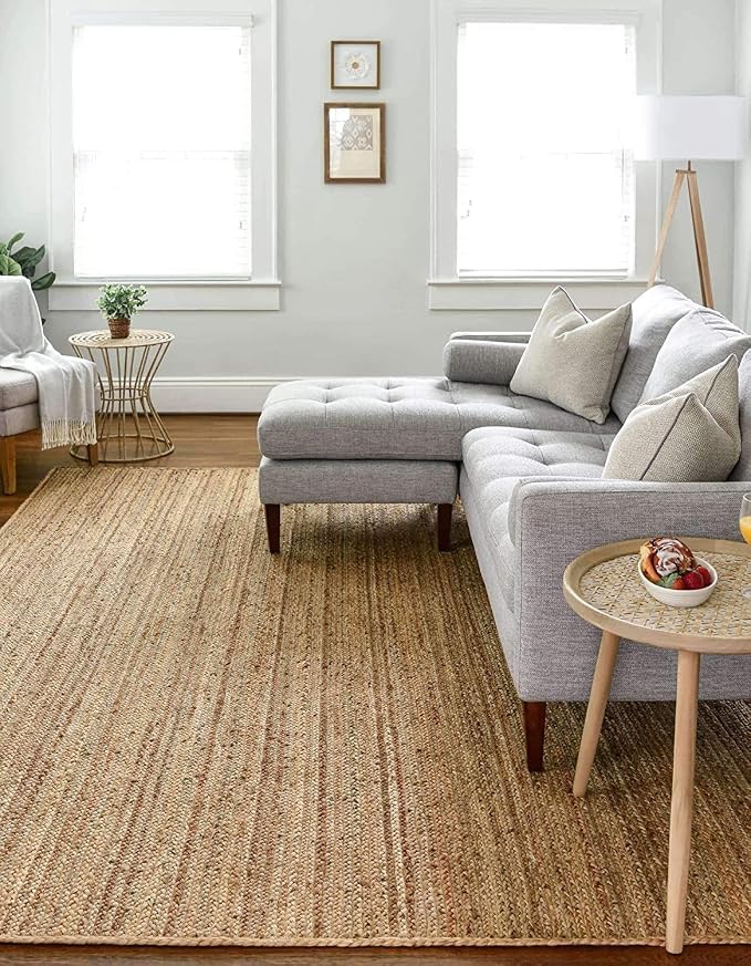 Hand Woven Jute Rug 5x8 Feet Rectangle - Handcrafted Braided Design, Indoor & Outdoor Reversible Natural Fiber Rug - Rustic Farmhouse Carpet for Living Room, Hallway, Bedroom (Natural, 5'x8')