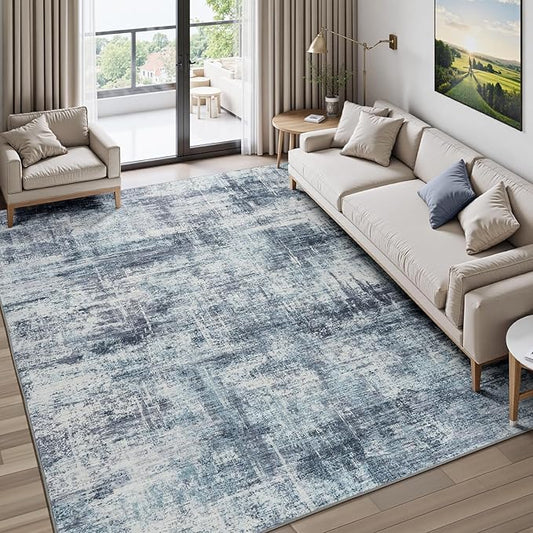 Lofus 5x7 Area Rug for Living Room, Blue Abstract Rugs with Non-Slip Backing, Neutral Modern Washable Carpet for Bedroom Dining Room Home Office Nursery Indoor