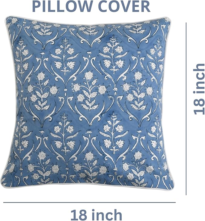 Ridhi Block Print Cornflower Blue Pillow Cover 18" x 18" (Pack of 2) Decorative Couch Pillows for Living Room, Chic Boho Cute Outdoor Pillows Covers Gifts for Spring, Easter and Valentine