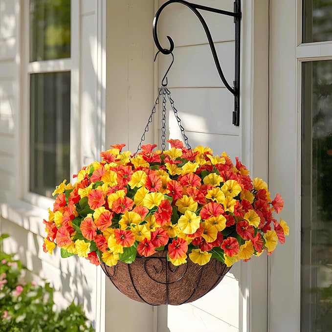 Ammyoo Artificial Hanging Flowers with Basket, Faux Silk Petunias Flower Arrangement, Coconut Lining with Morning Glories Fake Plants Patio Garden Porch Deck Fall Decor(Orange Yellow)