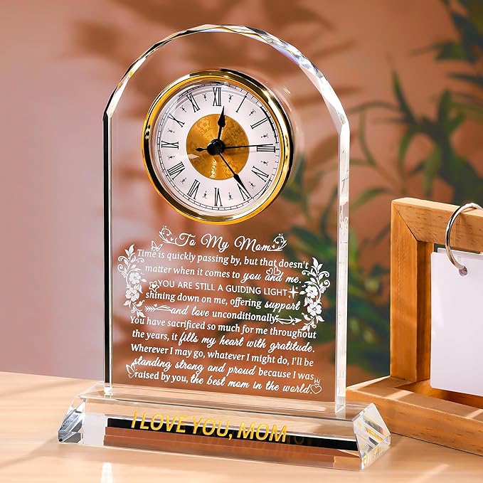 Ornalrist Gifts for Mom Crystal Clock Form Son Daughter on Mother's Day, Birthday - to My Mom Crystal Clock for Mother Desk Home Decor (8.8in, Gift Boxed)