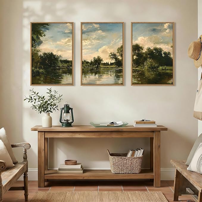 Vintage Landscape Framed Canvas Wall Art Set,Rustic Natural Green Trees and Lake Wall Decor,Classic Nature Scenic French Country Forest Artwork for Living Room,Bedroom,Farmhouse-24 x36 x3