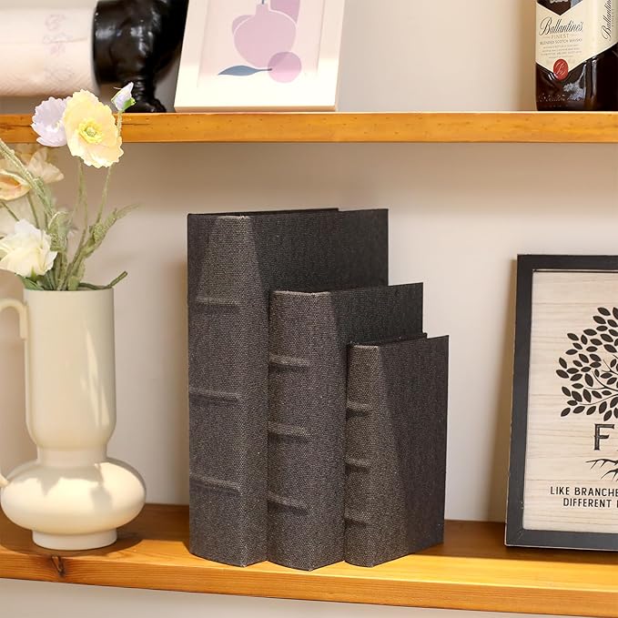 DECOR4SEASON Decorative Book Boxes Set of 3 – Modern Faux Linen & Wood Hidden Storage for Coffee Table – Stackable Fake Books for Shelf Decor, Remote Control & Jewelry Organizer (Black)