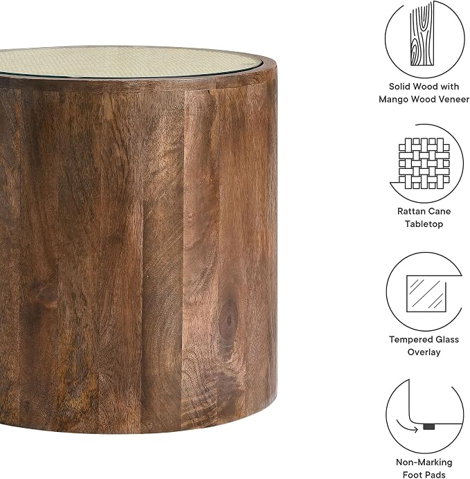 Modway Truett Wood Rattan Round Side Table in Walnut