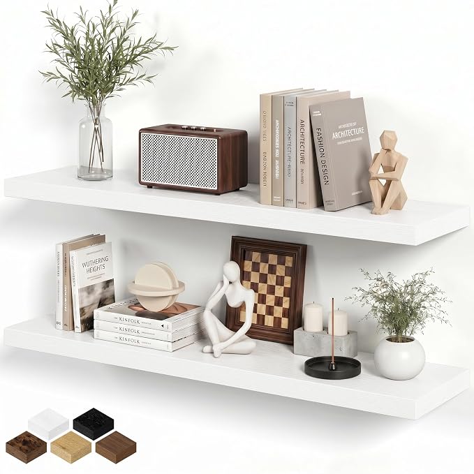 Fun Memories 40" Floating Shelves for Wall, 8 Inch Deep Floating Shelf for Books, Deep Bathroom Shelves Wall Mounted, Rustic Display Shelf for Kitchen, Bedroom, Living Room, White Color, 2 Pack