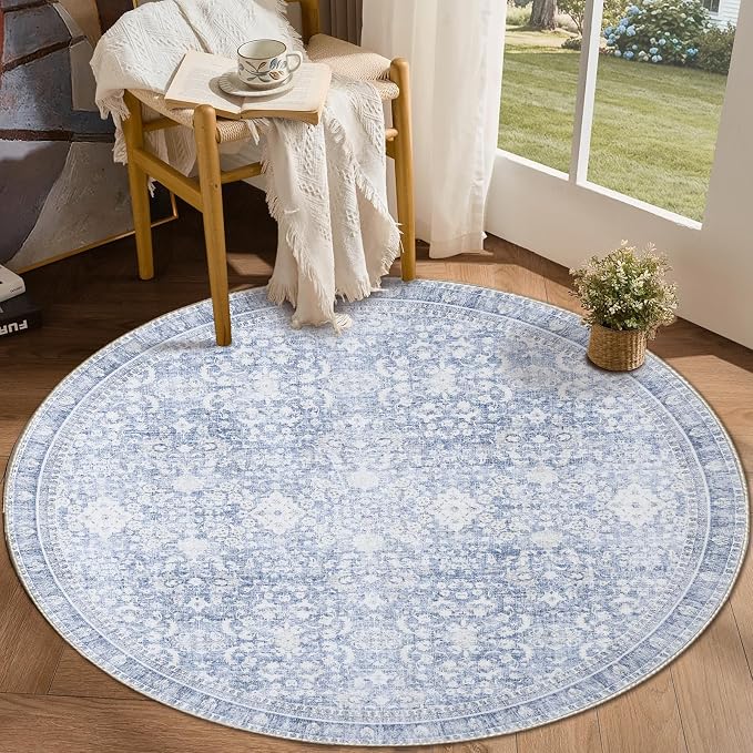 Sasttie Round Rugs 6ft, Ultra-Soft Washable Circle Rug, Low Pile Foldable Thin rugs with Non-Slip Backing, Skin-Friendly Stain Resistant Carpet for Living Room, Bedroom, Kitchen, Dorm, 6ft, Light Blue