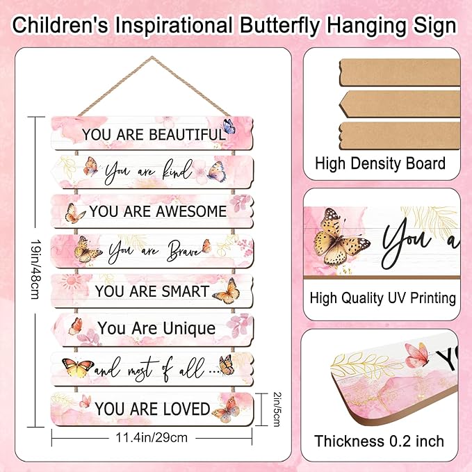 Vintage Classic Butterfly Sign Nursery Wall Decor Set of 8 with LED Lights, 11.4x2 Pink Cute Plaque Wall Art for Baby Girl Kid Teen Toddlers, 8 PCS Positive Wooden Quote Gift for kawaii Fairy Room
