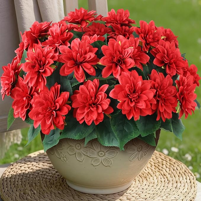 VIERENA 8 Bundles Artificial Dahlia Flowers for Outdoors Spring Summer Decor, No Fade Silk Flower Faux Dahlias Plant Arrangement for Home Garden Balcony Farmhouse（Red）