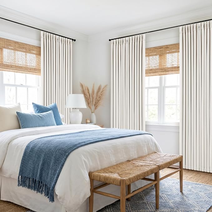 105 Inch Pinch Pleated Blackout Linen Curtains for Bedroom 2 Panels Memory Trained 100% Black Out Soundproof Room Darkening Ivory Beige Off White Window Curtains Double Layer Pinch Pleat Drapes