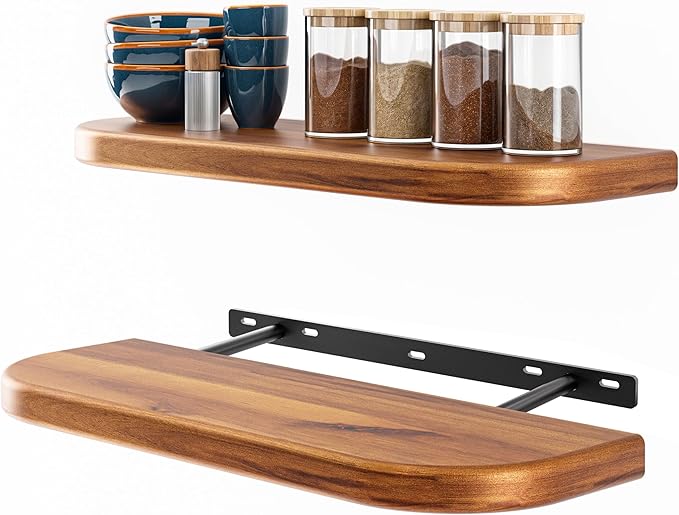 BATODA 17" Acacia Wood Floating Shelves Wall Mounted (Round Edge) – Rustic Farmhouse Wooden Wall Storage Shelf for Bedroom, Kitchen - Brackets and Shelving Hardware Included (Acacia Color)