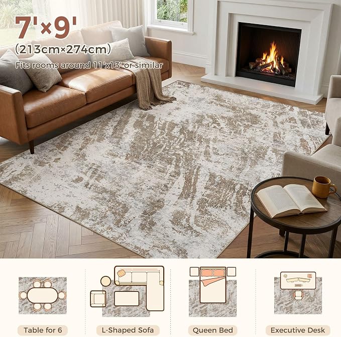 DMOYEST 7x9 Washable Area Rug: Abstract Modern Non-Slip Carpet, Soft Low Pile Indoor Neutral Easy Clean Floor Rugs for Living Room Bedroom Dining Room Kids & Pets - Brown