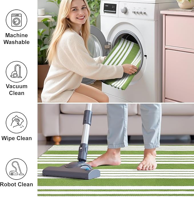 OLANLY Green and White Classic Striped Rug 2'4" x 3'7" (27.5" x 43") – Washable Cotton Indoor Outdoor Doormat for Front Door, Entryway, Kitchen, Porch, Patio Decor