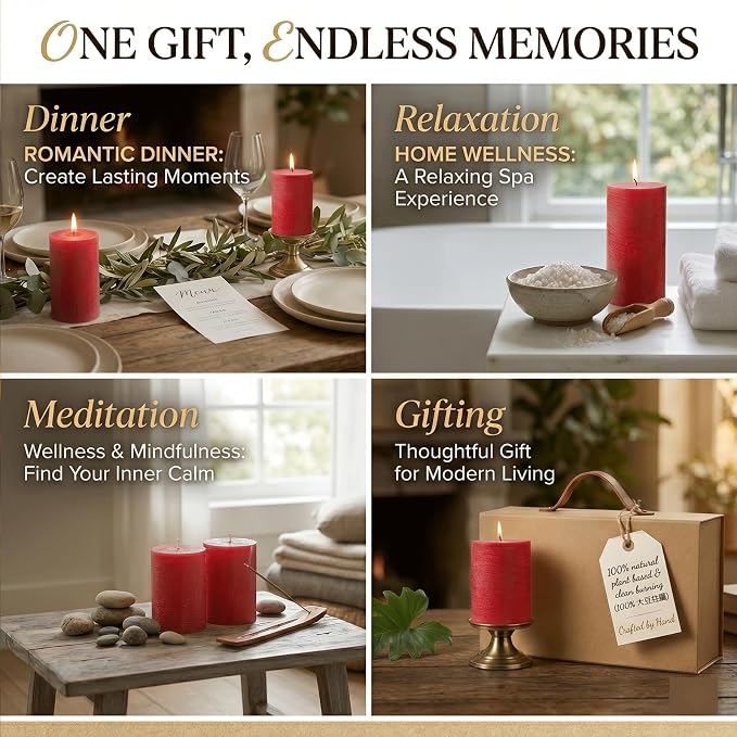 Red Rustic Pillar Candles 6 Pack, 2.8" x 4" Soy Wax Candles, Up to 55 Hours Burn Time, Smokeless Unscented Farmhouse Candles for Home Decor, Wedding & Emergency Use